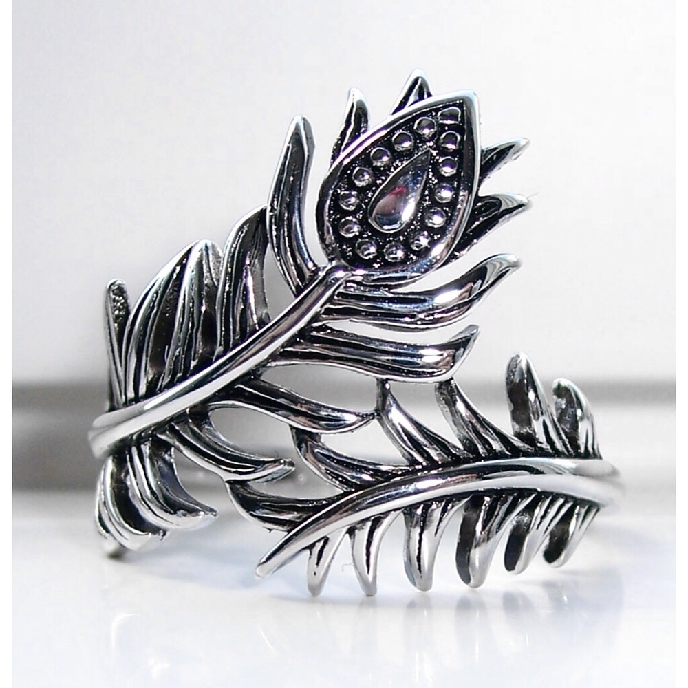 925 STERLING SILVER Peacock Feather Ring - Picture 2 of 16